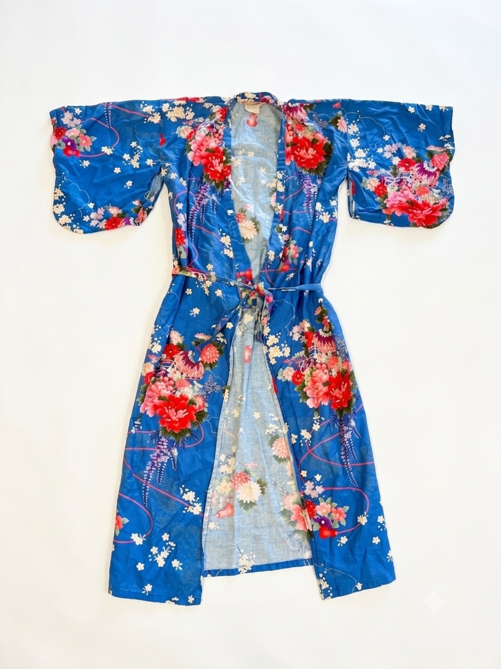 Vintage 60s Made in Japan Cotton Kimono Robe Floral Pagoda Landscape Tag